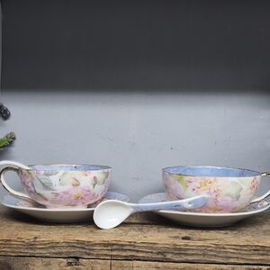 Vintage Vipolimex Set Of Floral Teacup and Saucer Set with Spoons